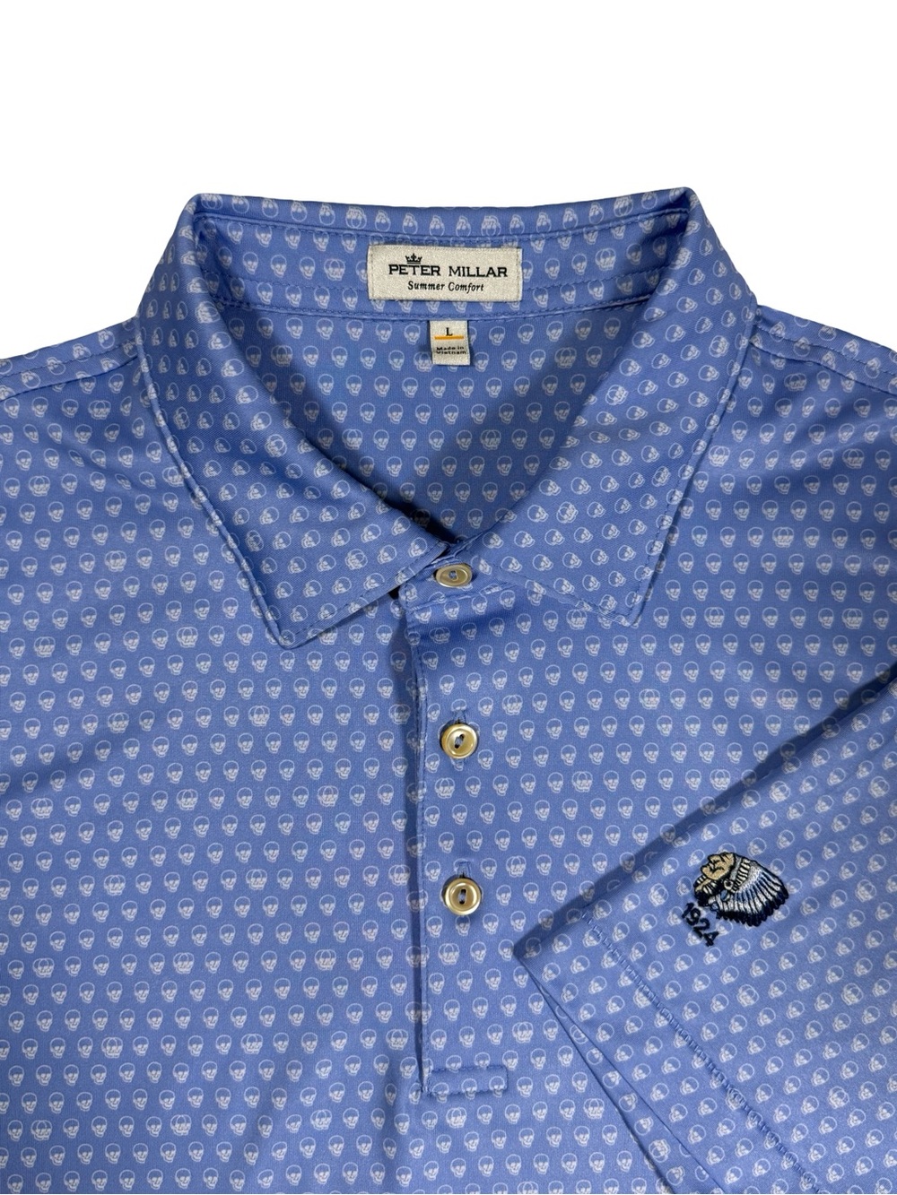 Peter Millar Summer Comfort Golf Polo Size Large Blue Skull Print Carlisle CC